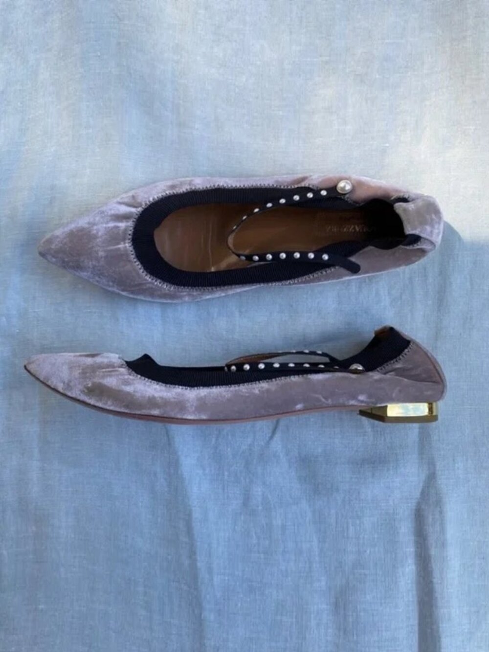 Aquazzura grey black velvet Nolita pearly studded mary jane pointed toe flats
